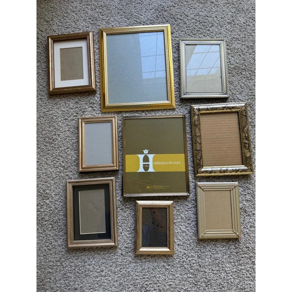 Mixed Lot of 9 Gold tone Picture Frames Vintage Gallery Wall Set